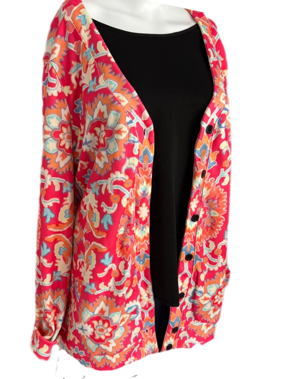 Vibrant Pink Floral Button Plus Size XXL Cardigan in a Soft Polyester Fabric